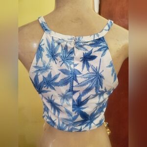 Blue Leaf Pattern Sleeveless Top